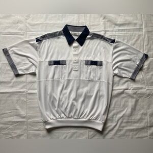 Classics By Palmland Polo Shirt White/Blue Banded Waist Men’s Sz Large Vintage